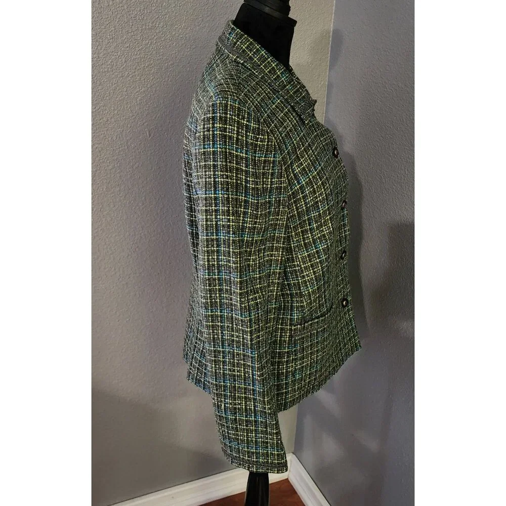 JM‎ Collection Womens Tweed Button-Up Blazer Size 12 Green Blue Pockets Lined